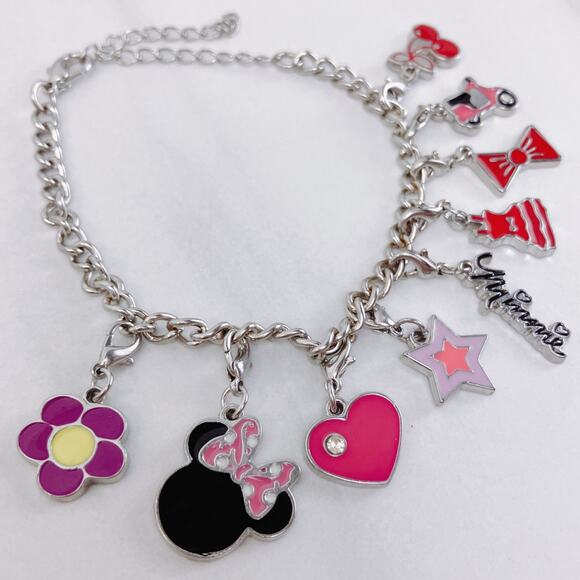 Minnie Mouse Disney Themed Charm Bracelet Silver Tone Pink Enamel VTG Y2K - Picture 3 of 14